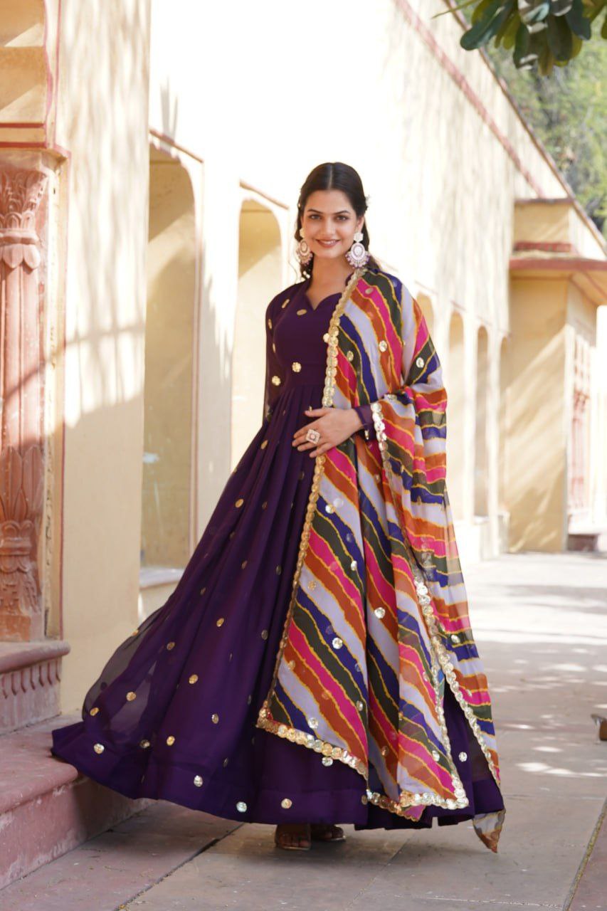 Dhumavati purple georgette anarkali gown suit set