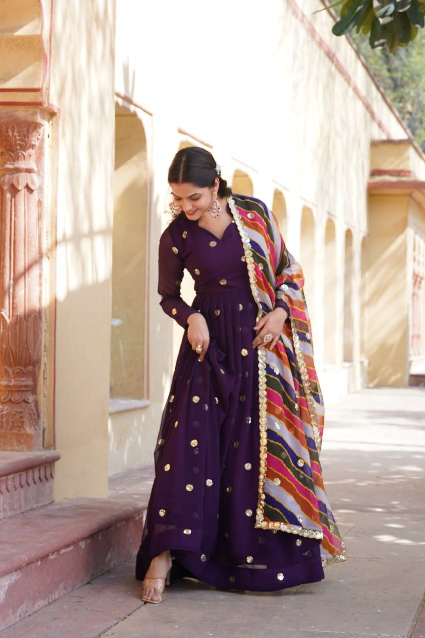 Dhumavati purple georgette anarkali gown suit set