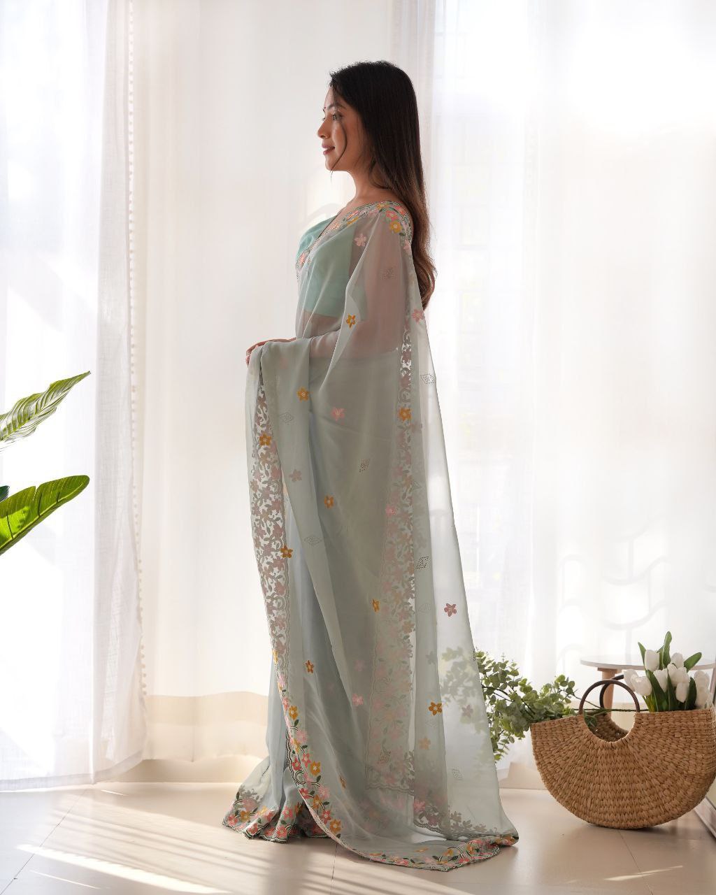 Floral embroidered elegance Thai organza silk saree