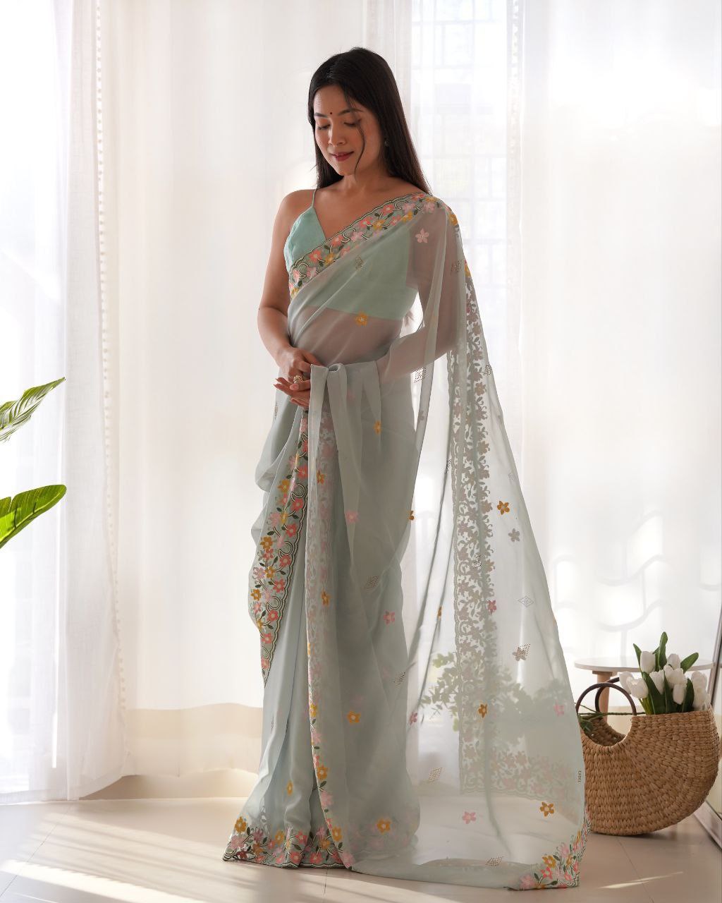Floral embroidered elegance Thai organza silk saree