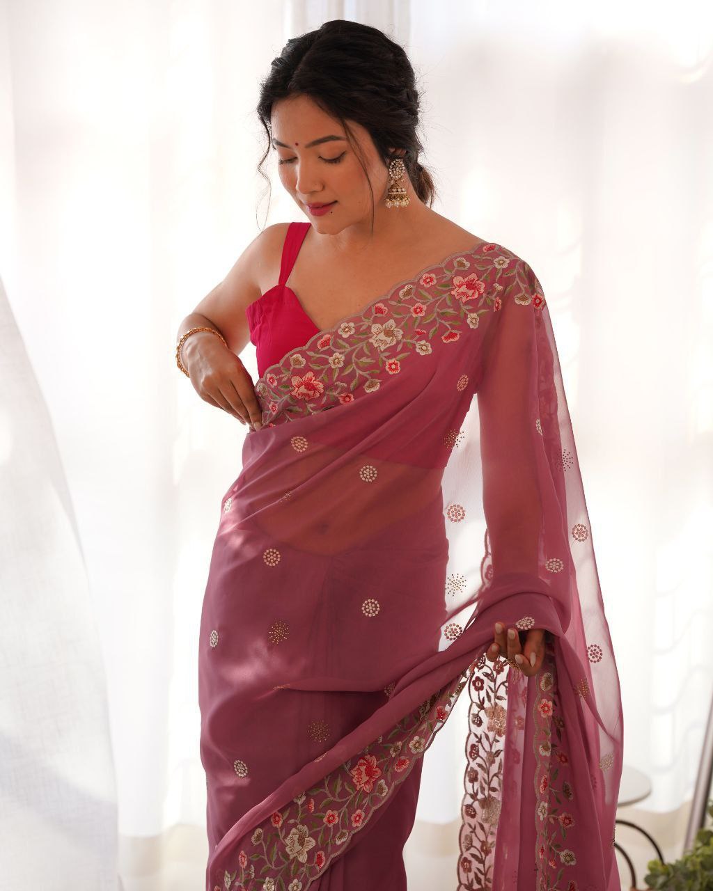 Floral embroidered elegance Thai organza silk saree