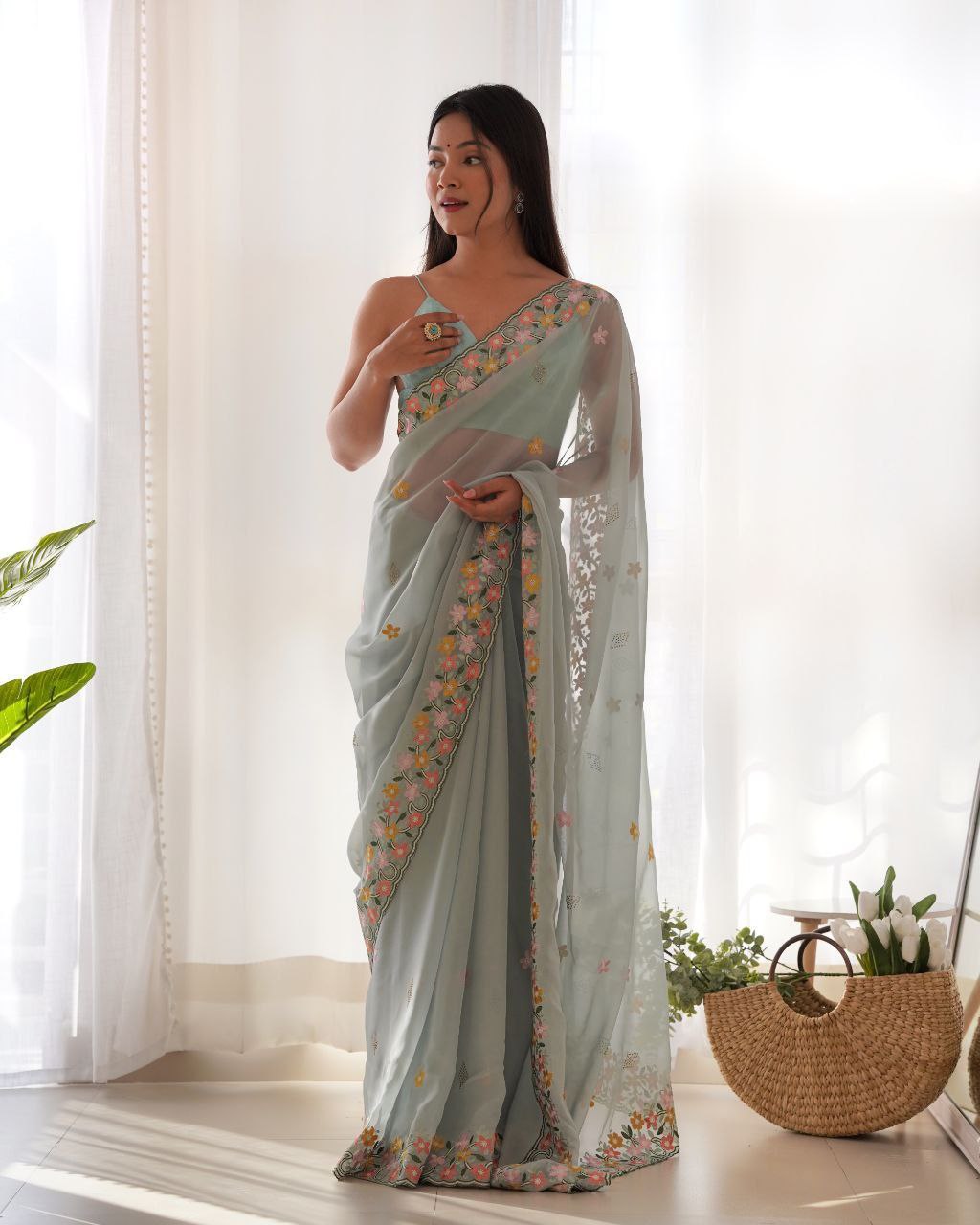 Floral embroidered elegance Thai organza silk saree