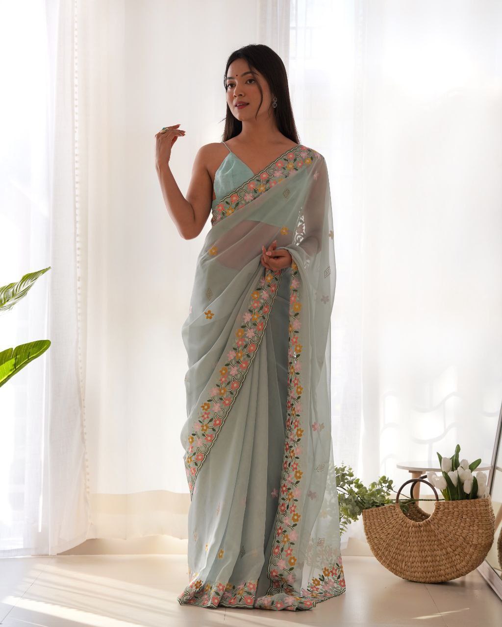 Floral embroidered elegance Thai organza silk saree