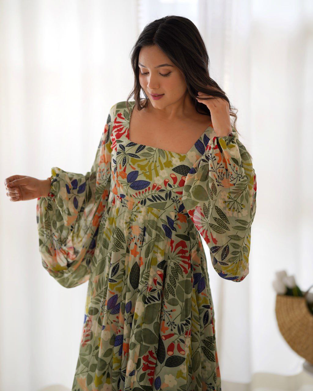 Floral fantasy faux georgette maxi dress