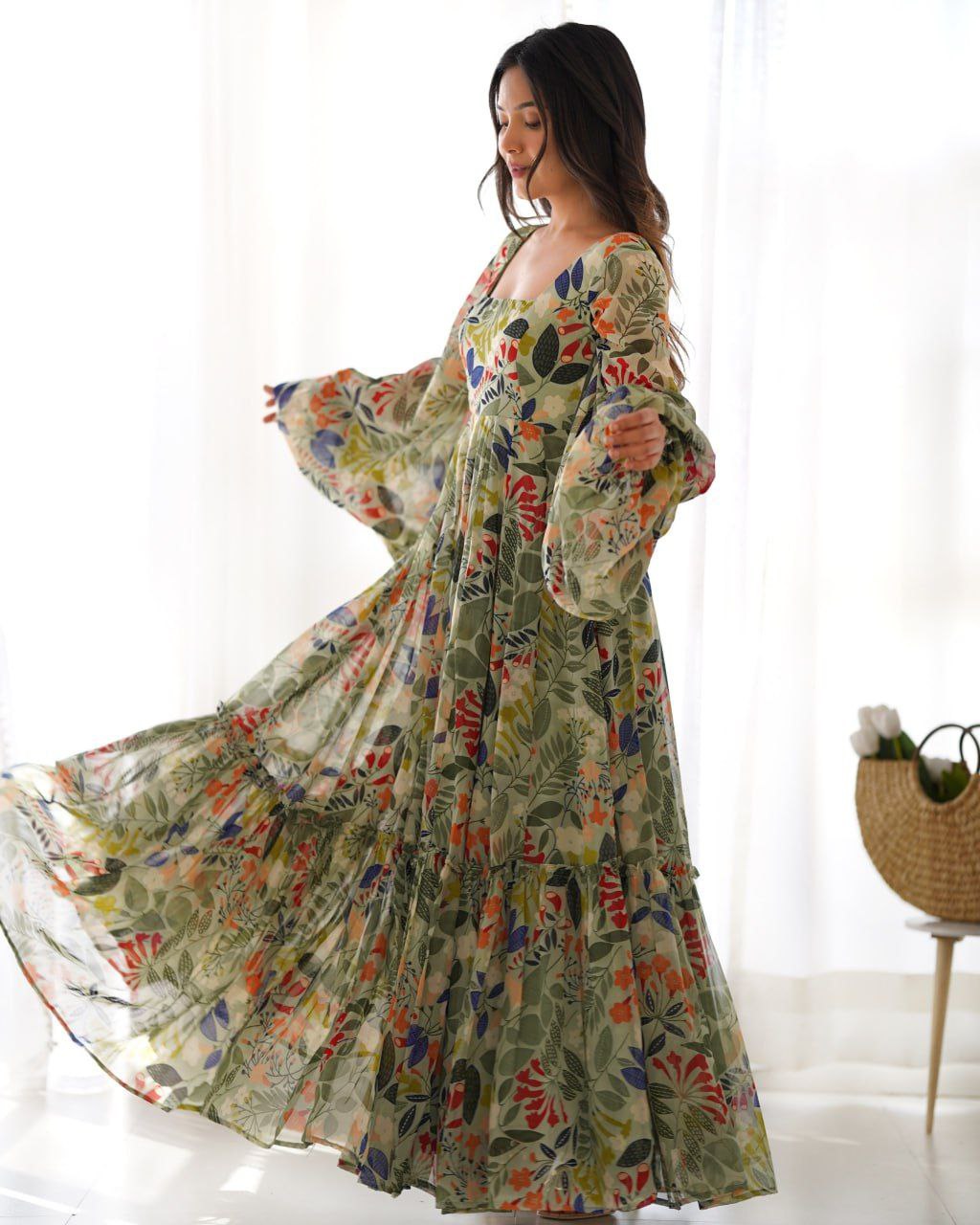 Floral fantasy faux georgette maxi dress