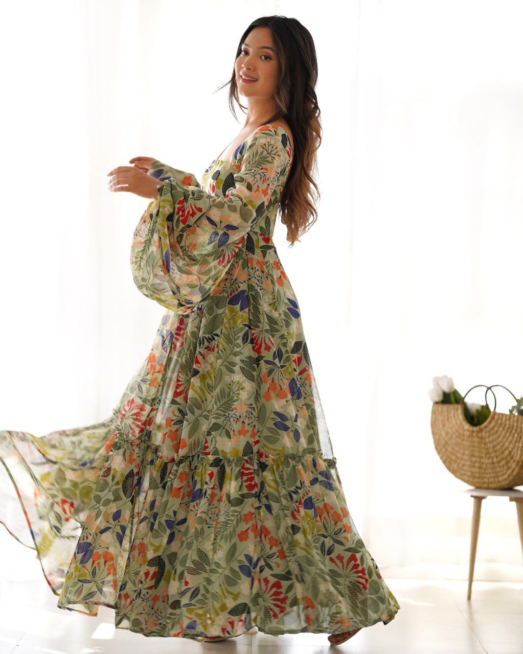 Floral fantasy faux georgette maxi dress