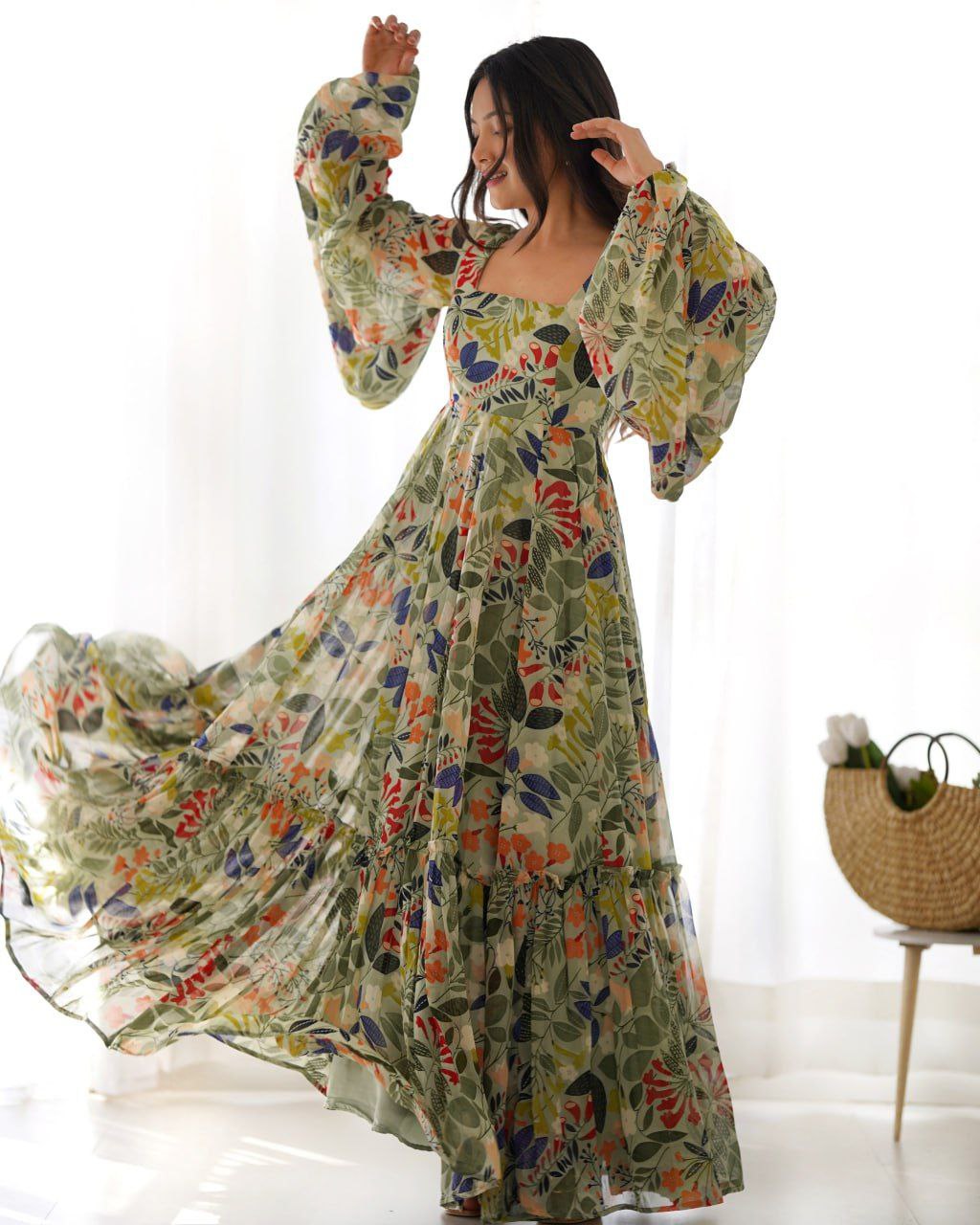 Floral fantasy faux georgette maxi dress