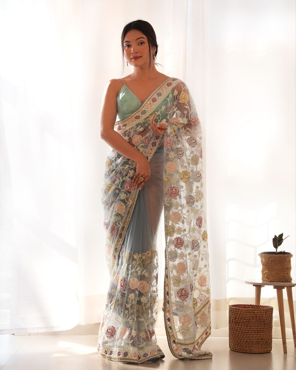 Fluttering elegance Aari embroidered butterfly net saree