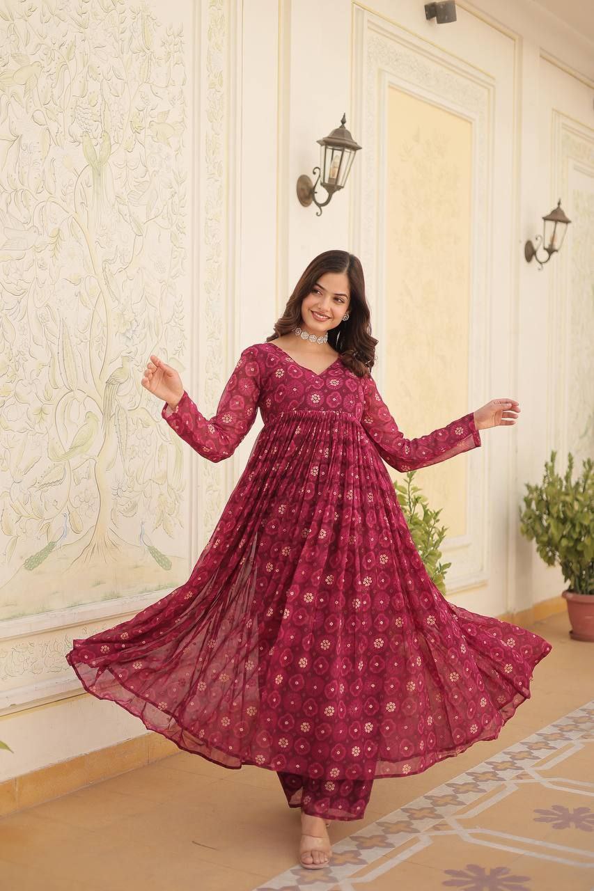 Red colored foil print anarkali set with elastic waist bottoms