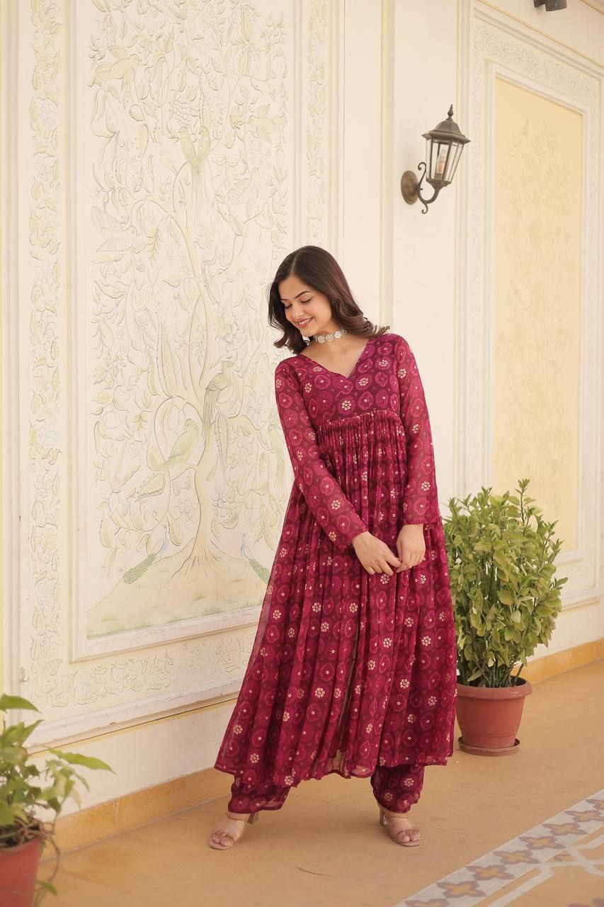 Red colored foil print anarkali set with elastic waist bottoms