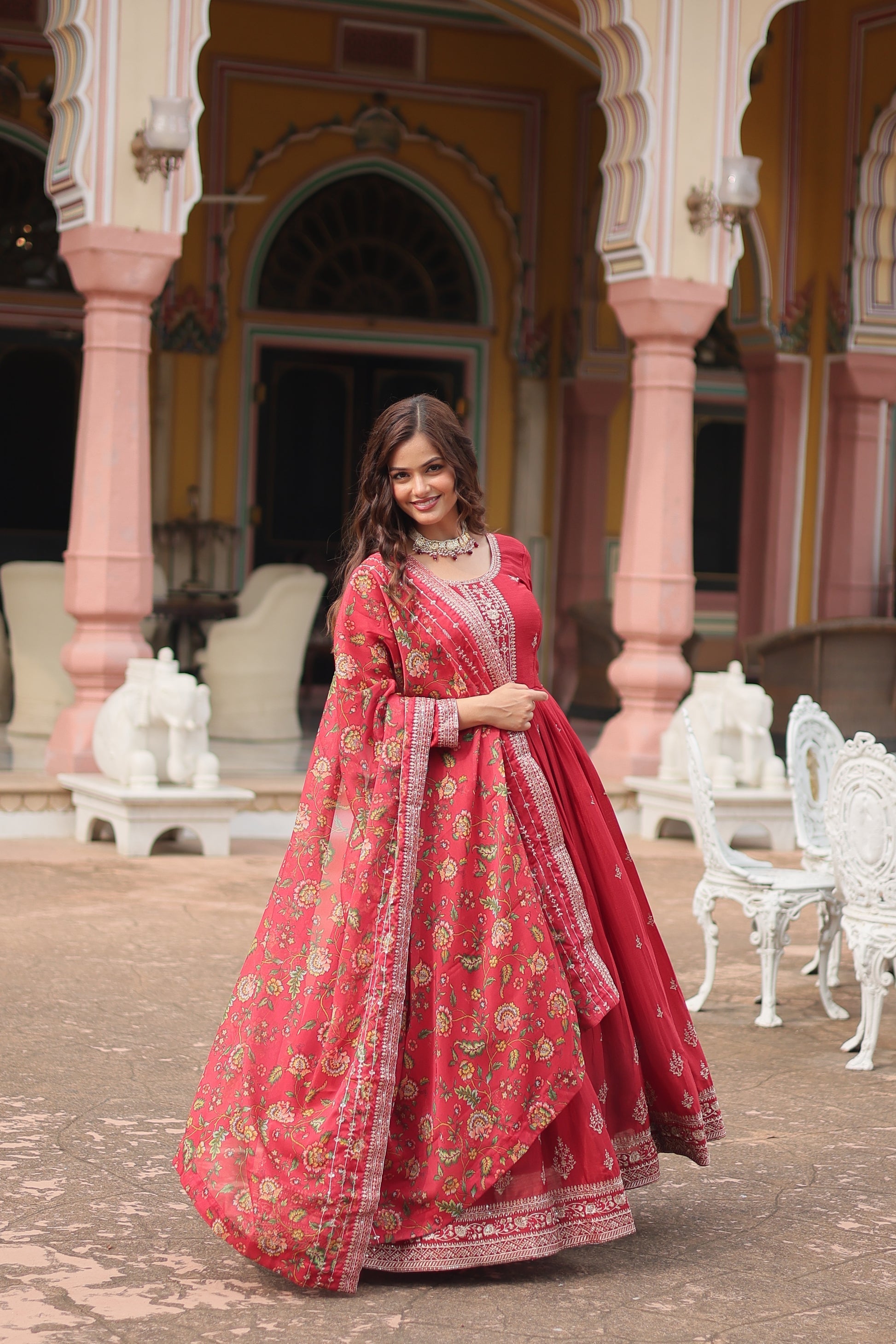 Gaurangi maroon chinon embroidered Anarkali gown set