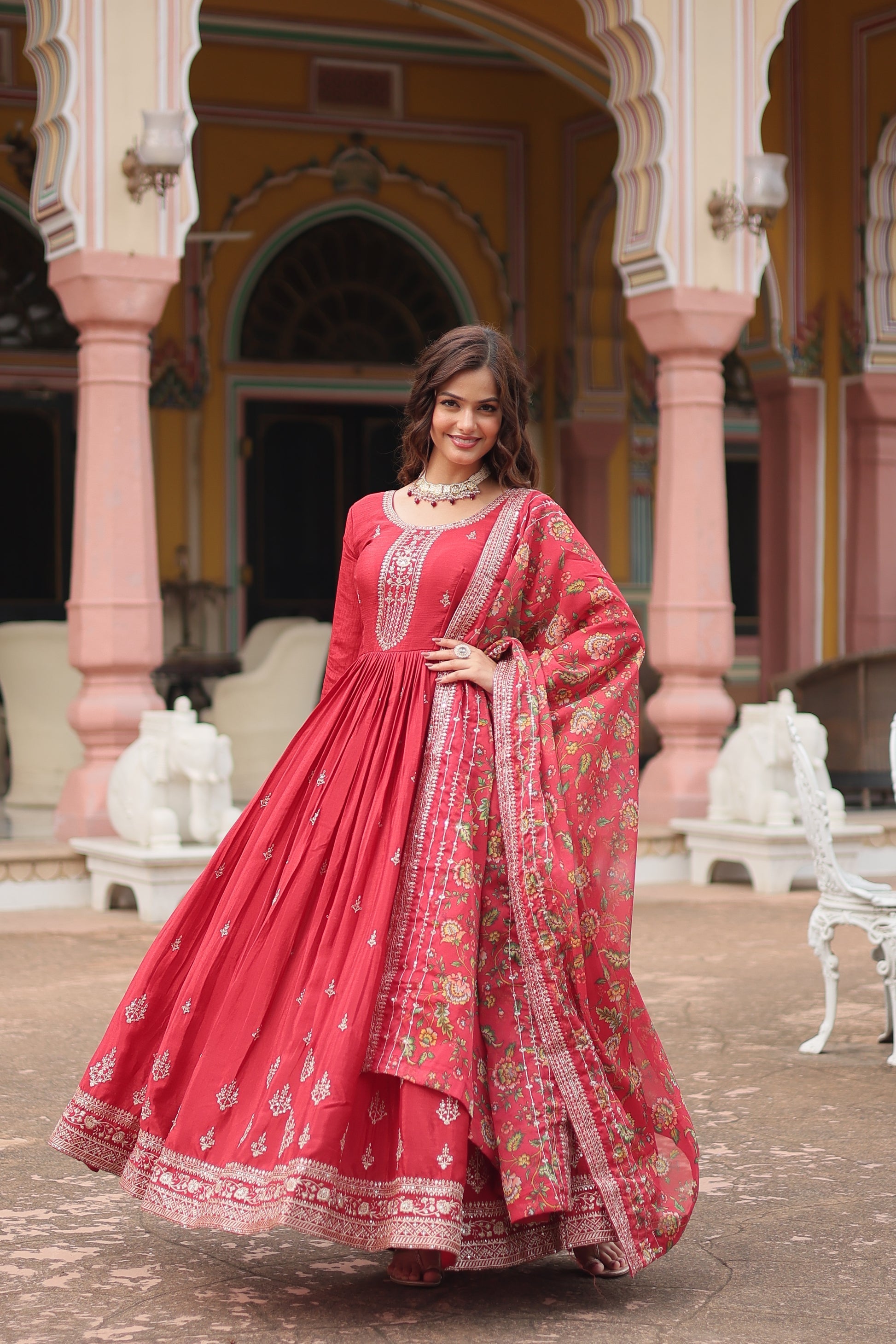 Gaurangi maroon chinon embroidered Anarkali gown set