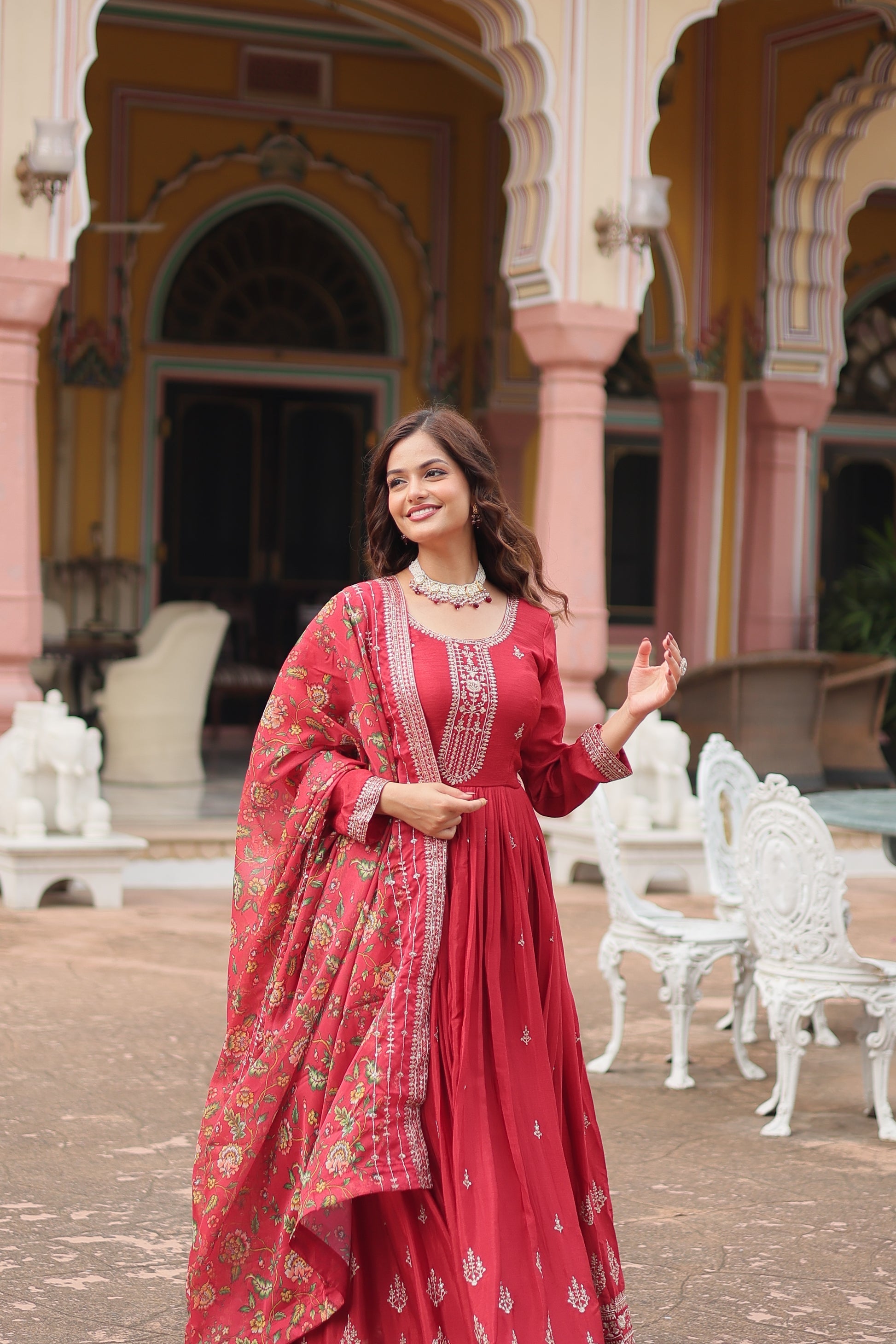 Gaurangi maroon chinon embroidered Anarkali gown set