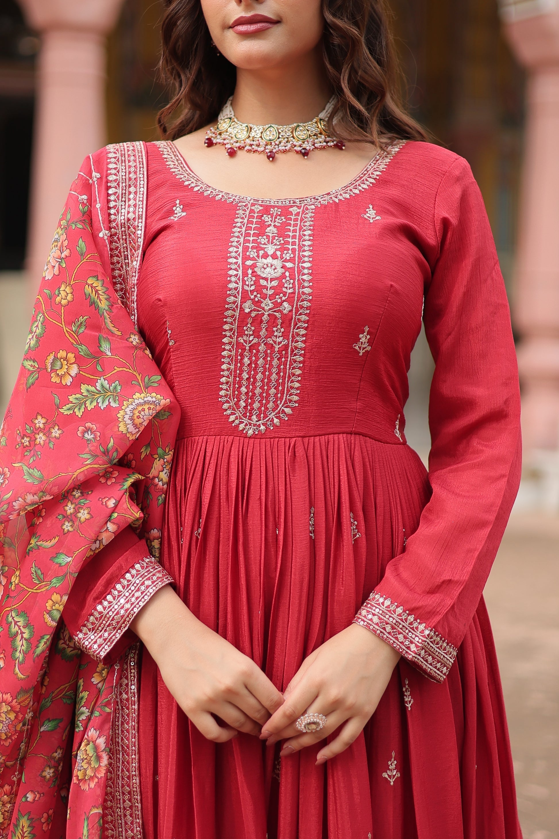 Gaurangi maroon chinon embroidered Anarkali gown set