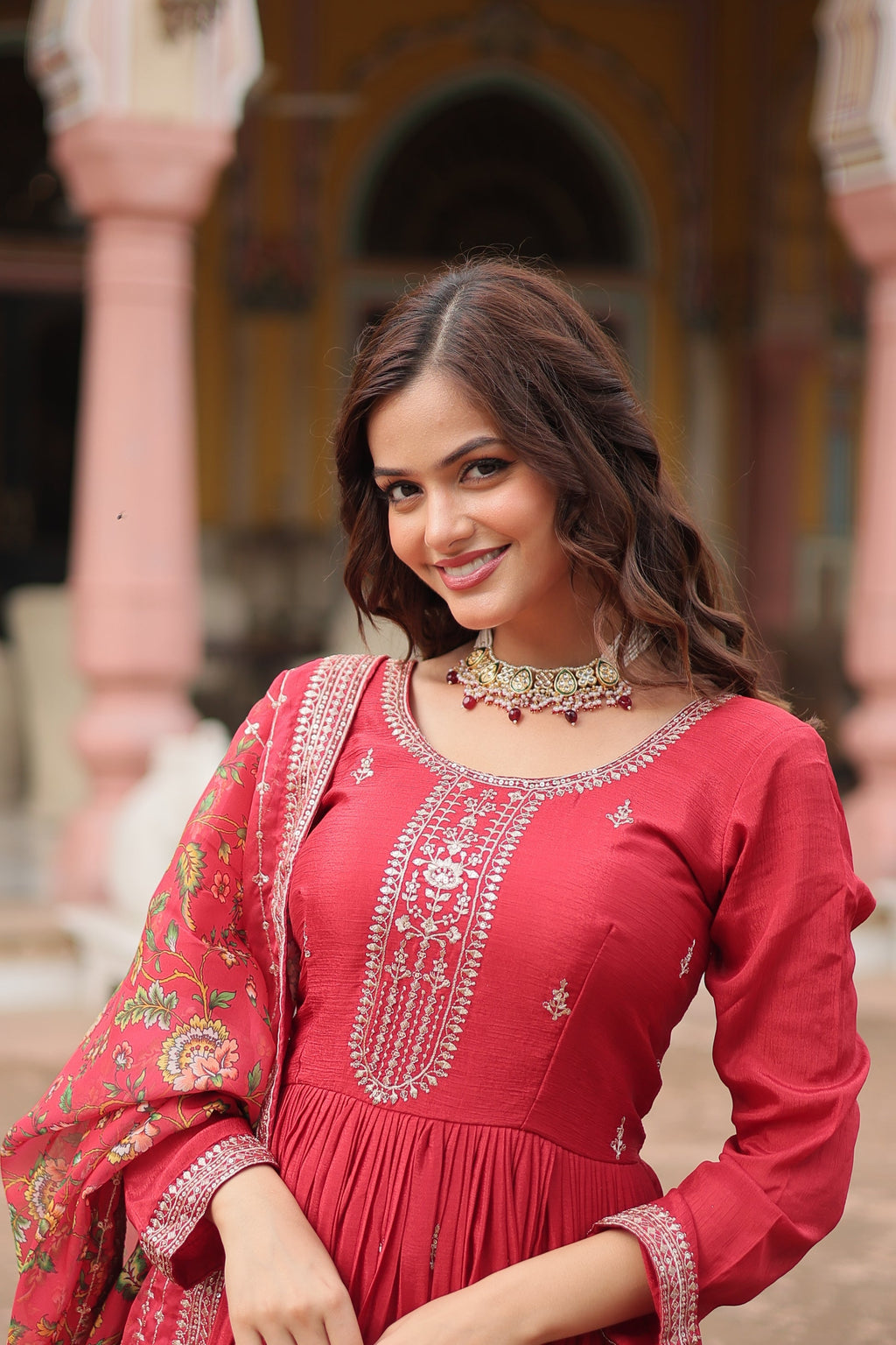Gaurangi maroon chinon embroidered Anarkali gown set