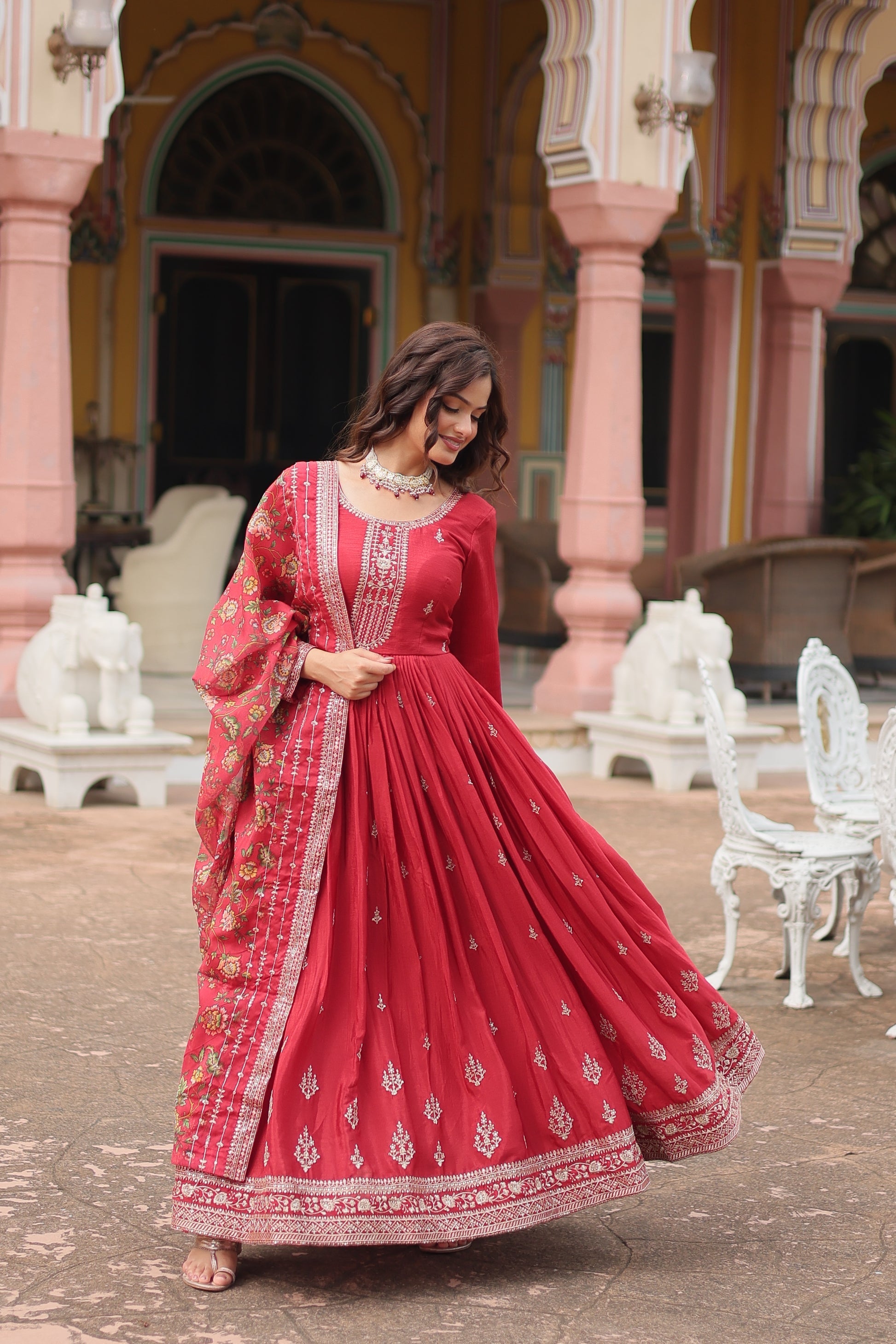 Gaurangi maroon chinon embroidered Anarkali gown set
