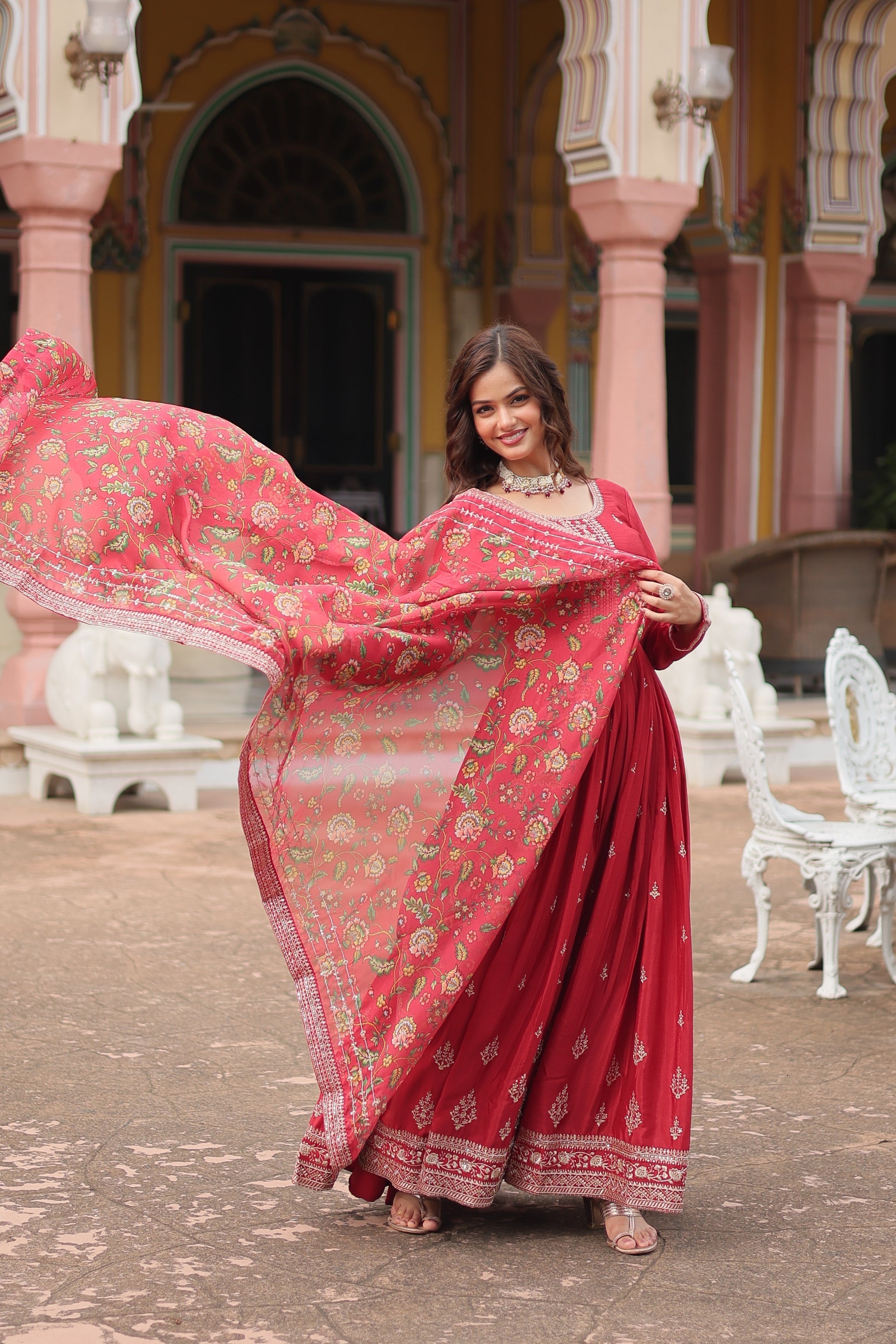 Gaurangi maroon chinon embroidered Anarkali gown set