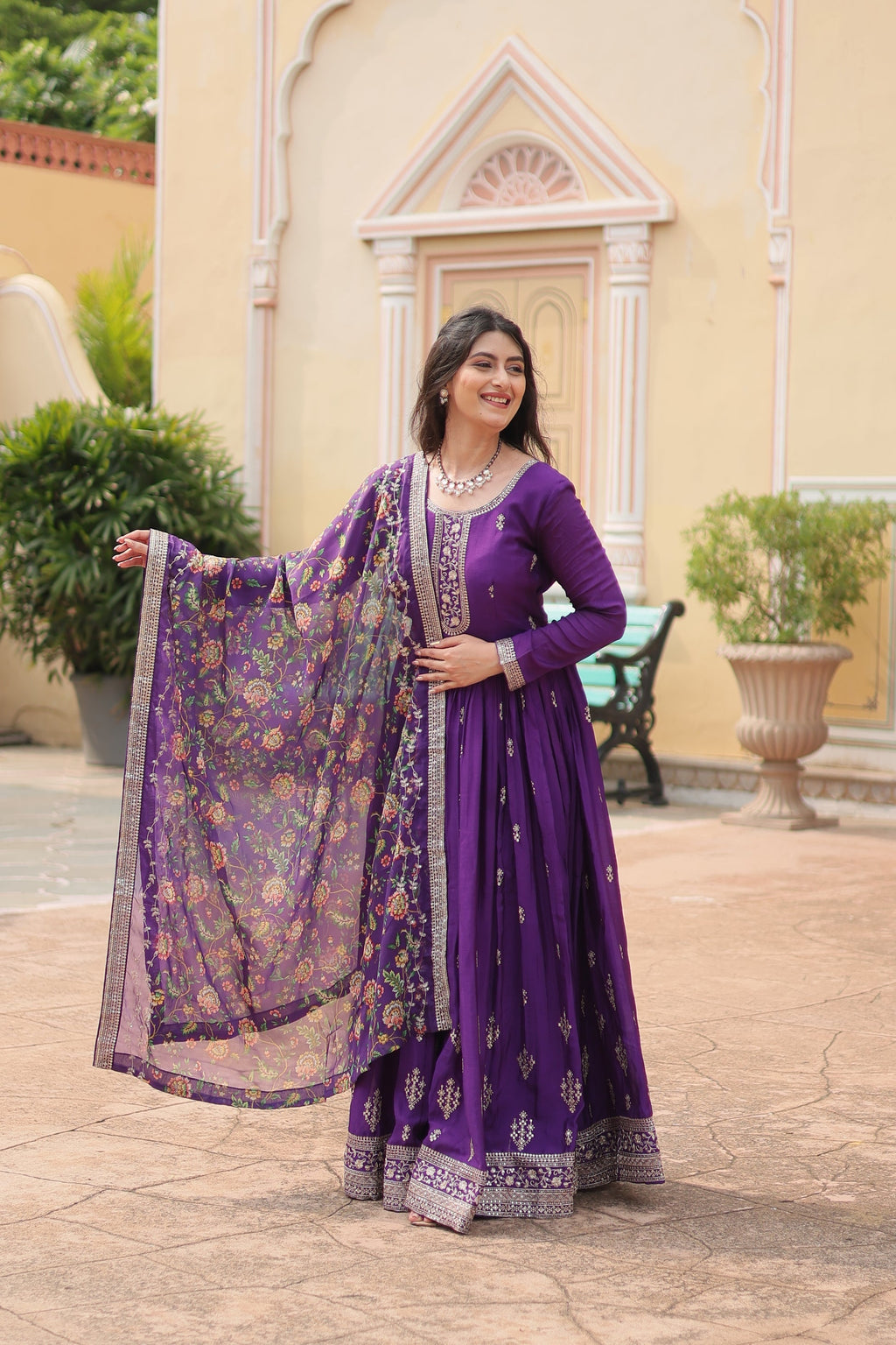 Purple chinon embroidered Gaurangi designer Anarkali gown
