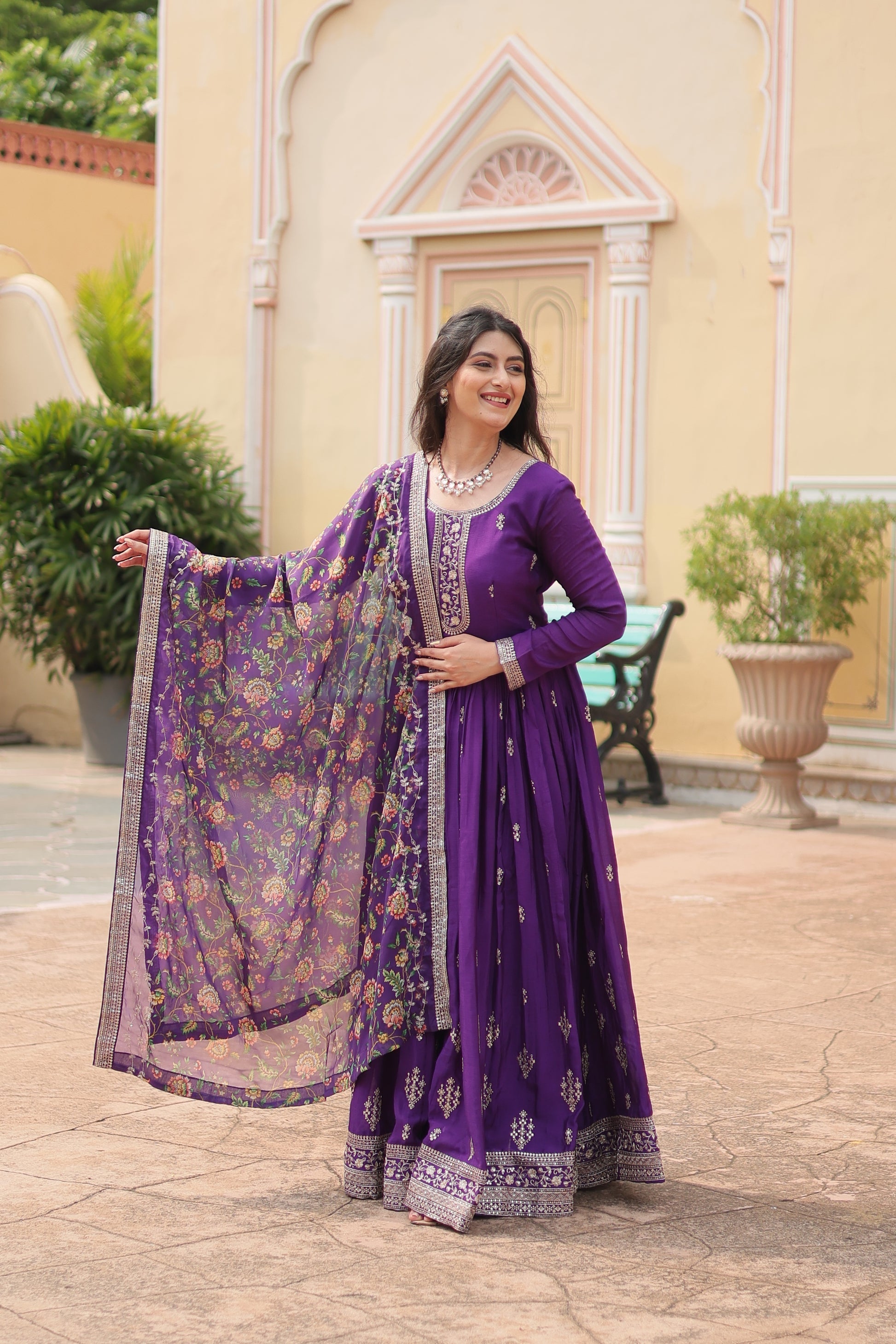 Purple chinon embroidered Gaurangi designer Anarkali gown