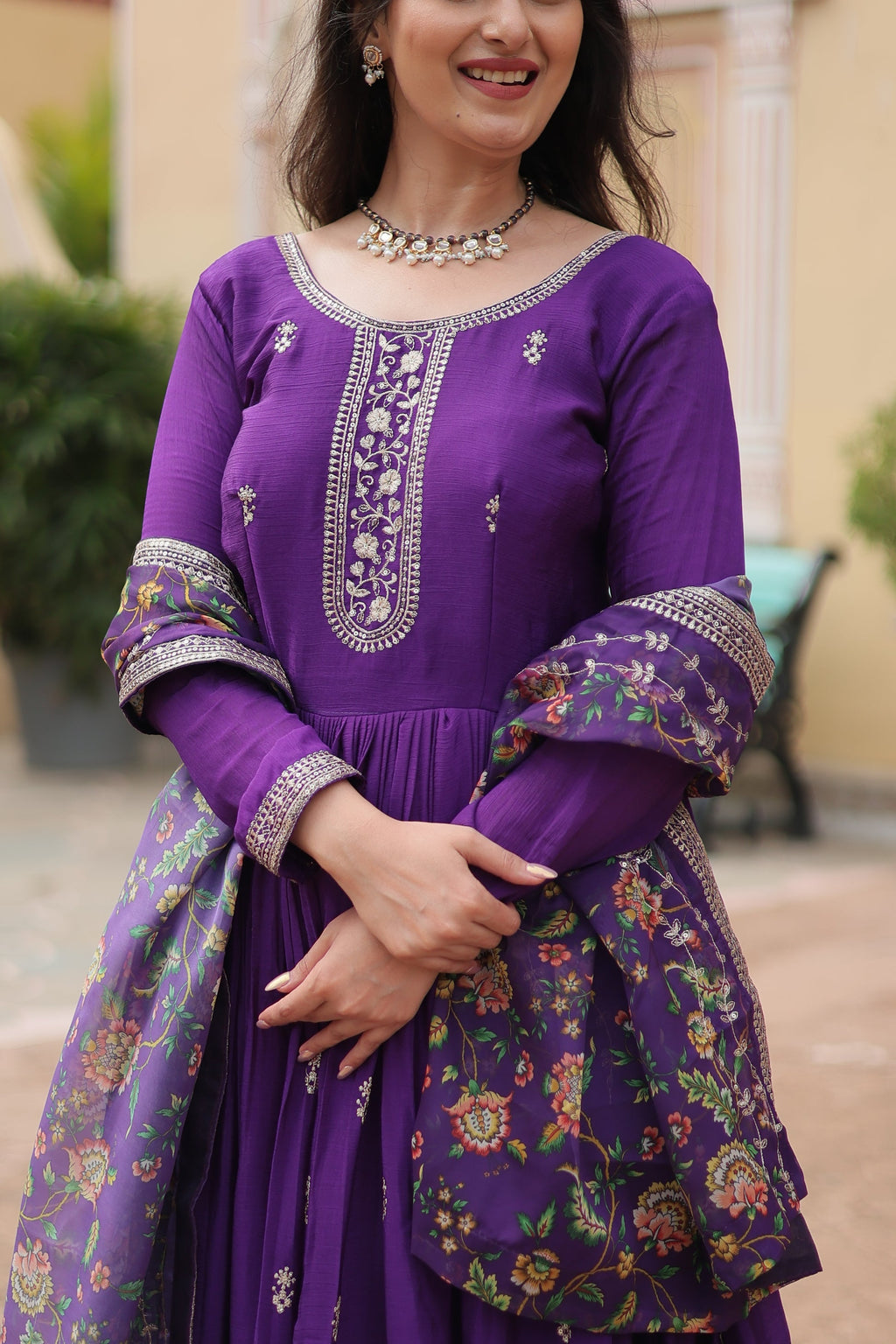 Purple chinon embroidered Gaurangi designer Anarkali gown