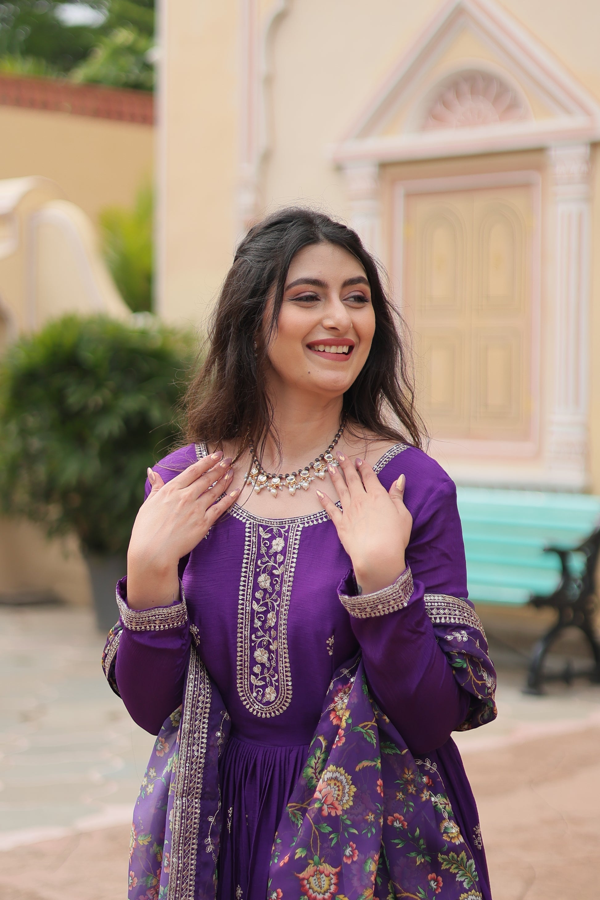 Purple chinon embroidered Gaurangi designer Anarkali gown
