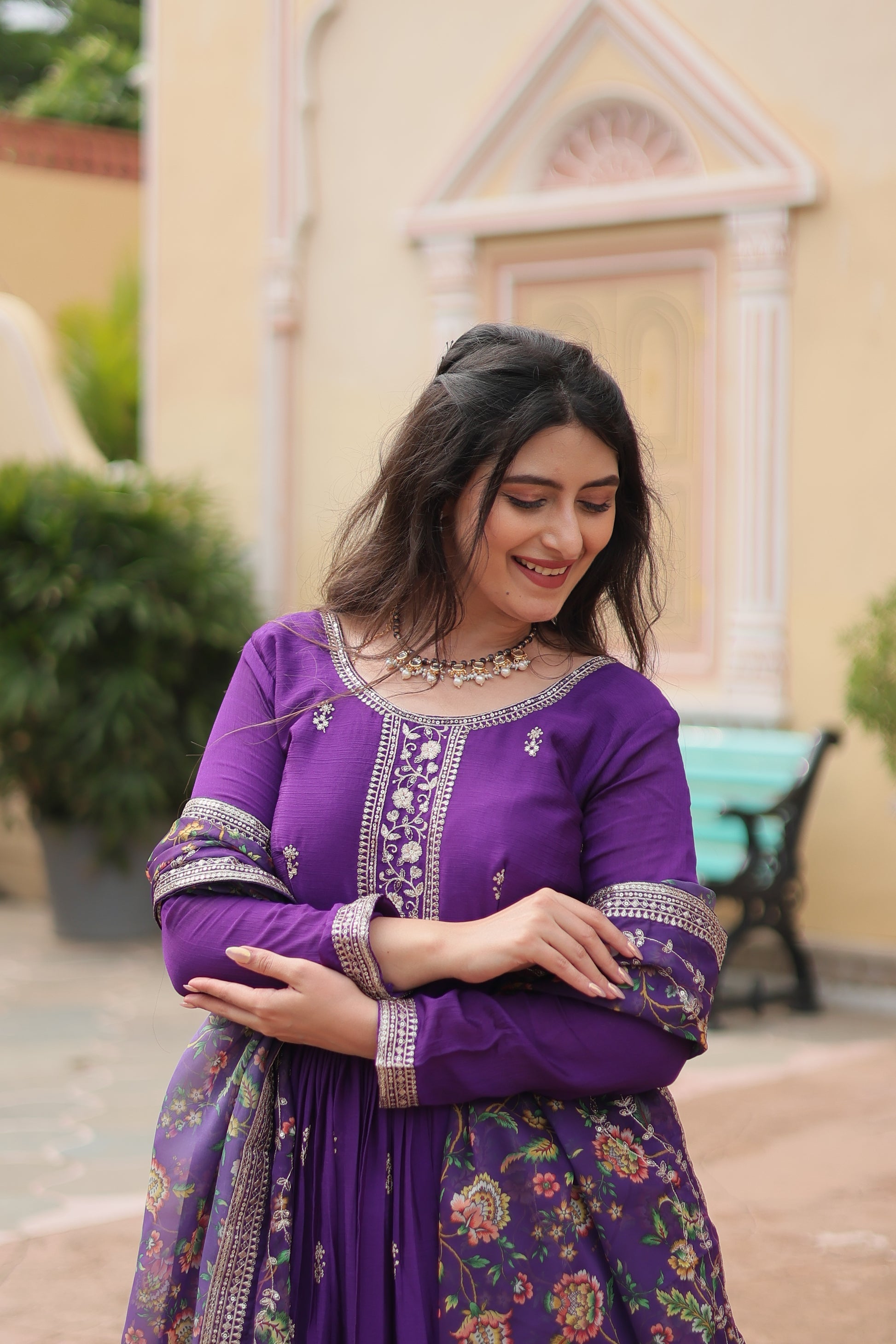 Purple chinon embroidered Gaurangi designer Anarkali gown