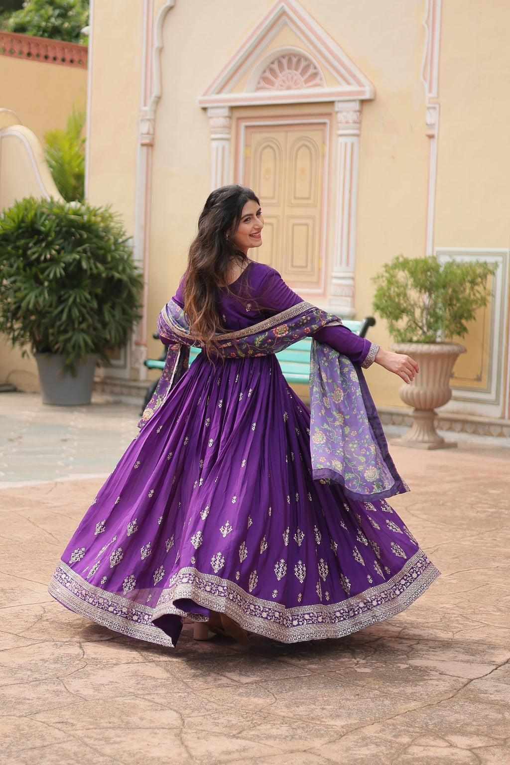 Purple chinon embroidered Gaurangi designer Anarkali gown