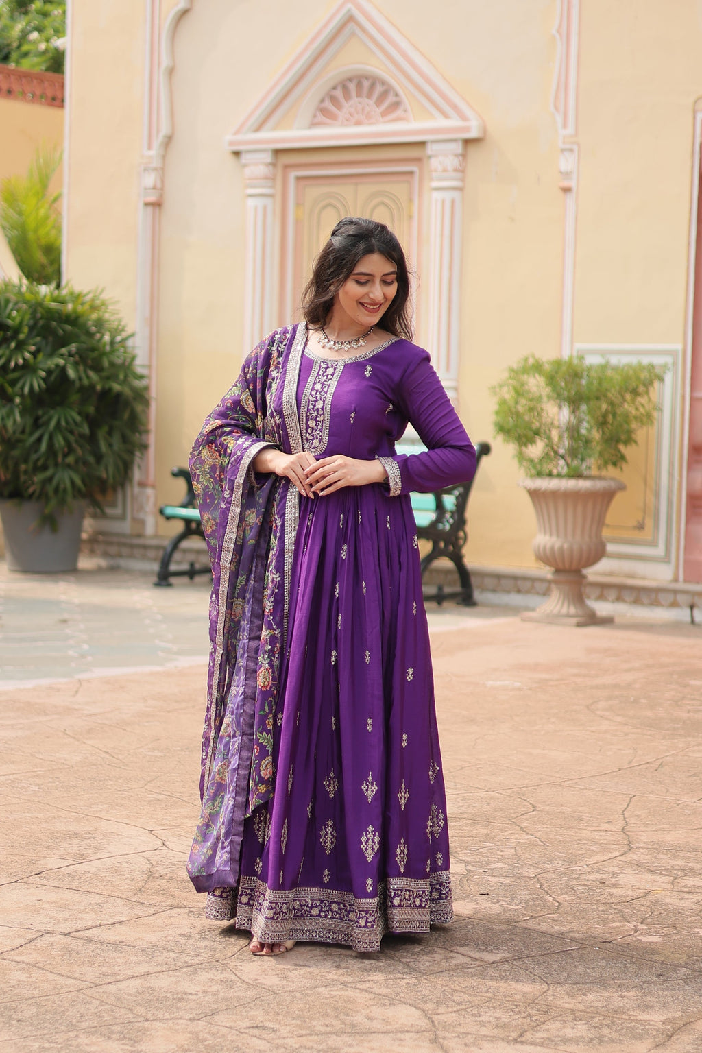 Purple chinon embroidered Gaurangi designer Anarkali gown