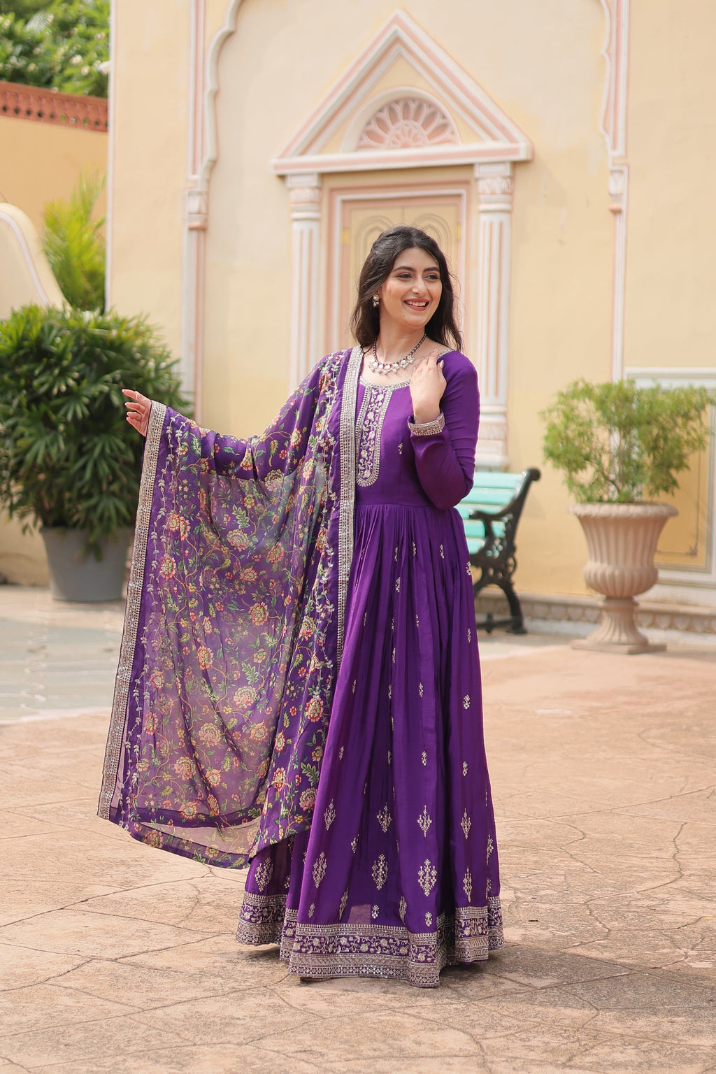 Purple chinon embroidered Gaurangi designer Anarkali gown