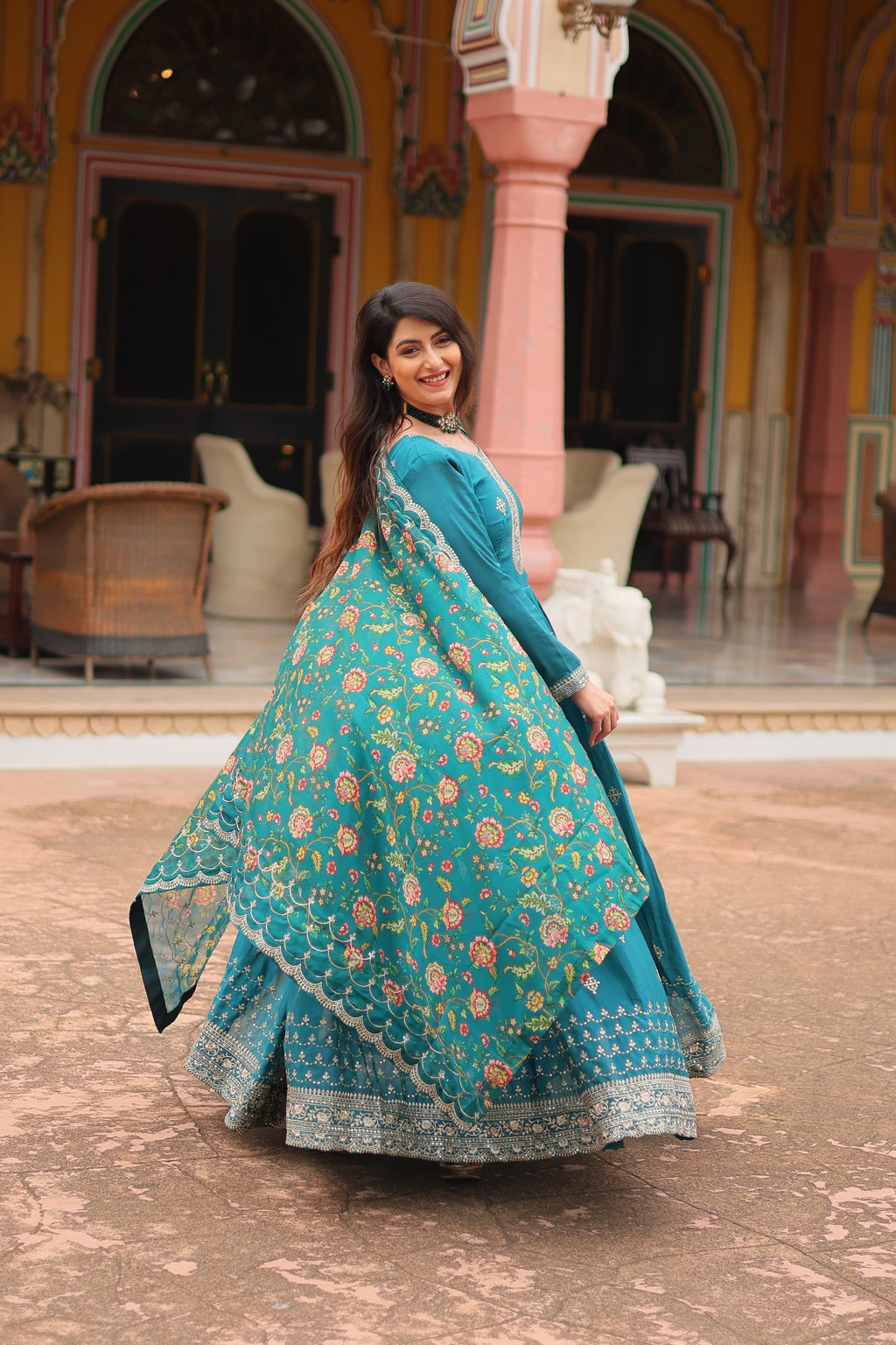 Gaurangi Rama chinon embroidered Anarkali gown set