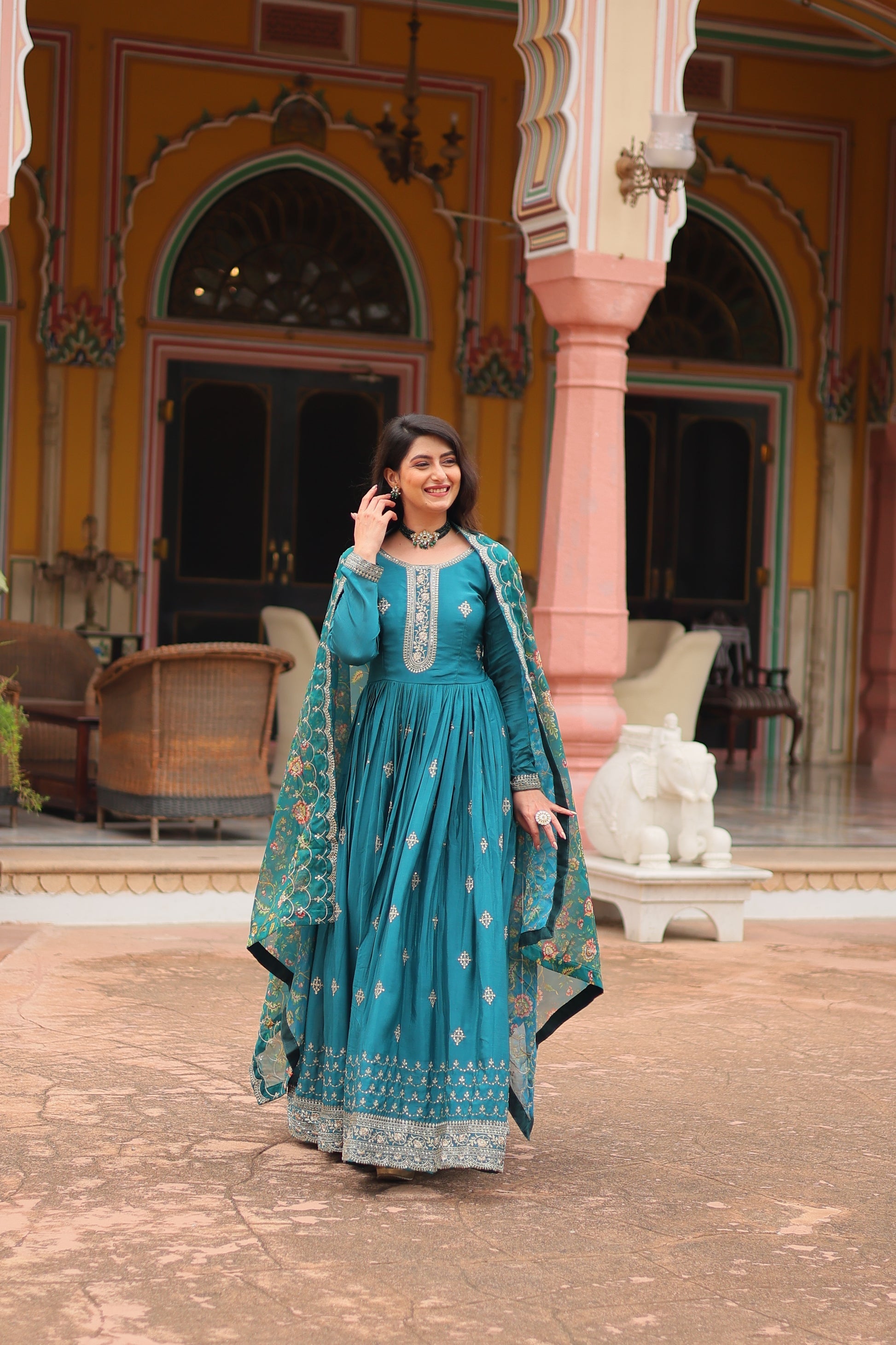 Gaurangi Rama chinon embroidered Anarkali gown set