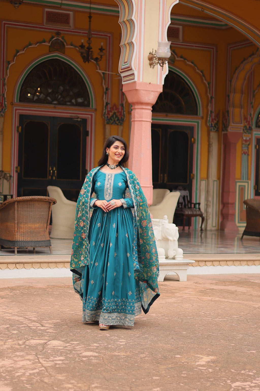 Gaurangi Rama chinon embroidered Anarkali gown set