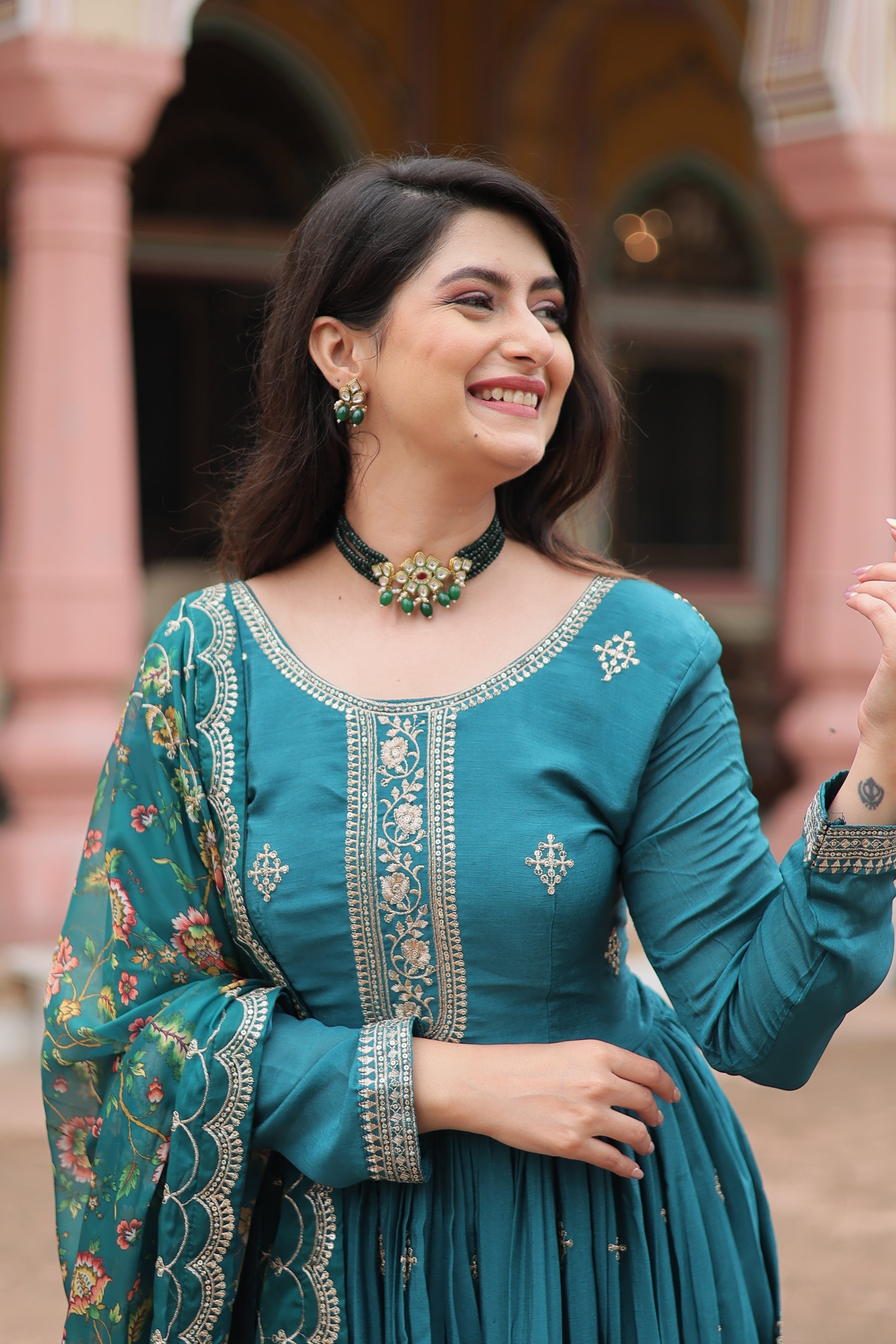 Gaurangi Rama chinon embroidered Anarkali gown set
