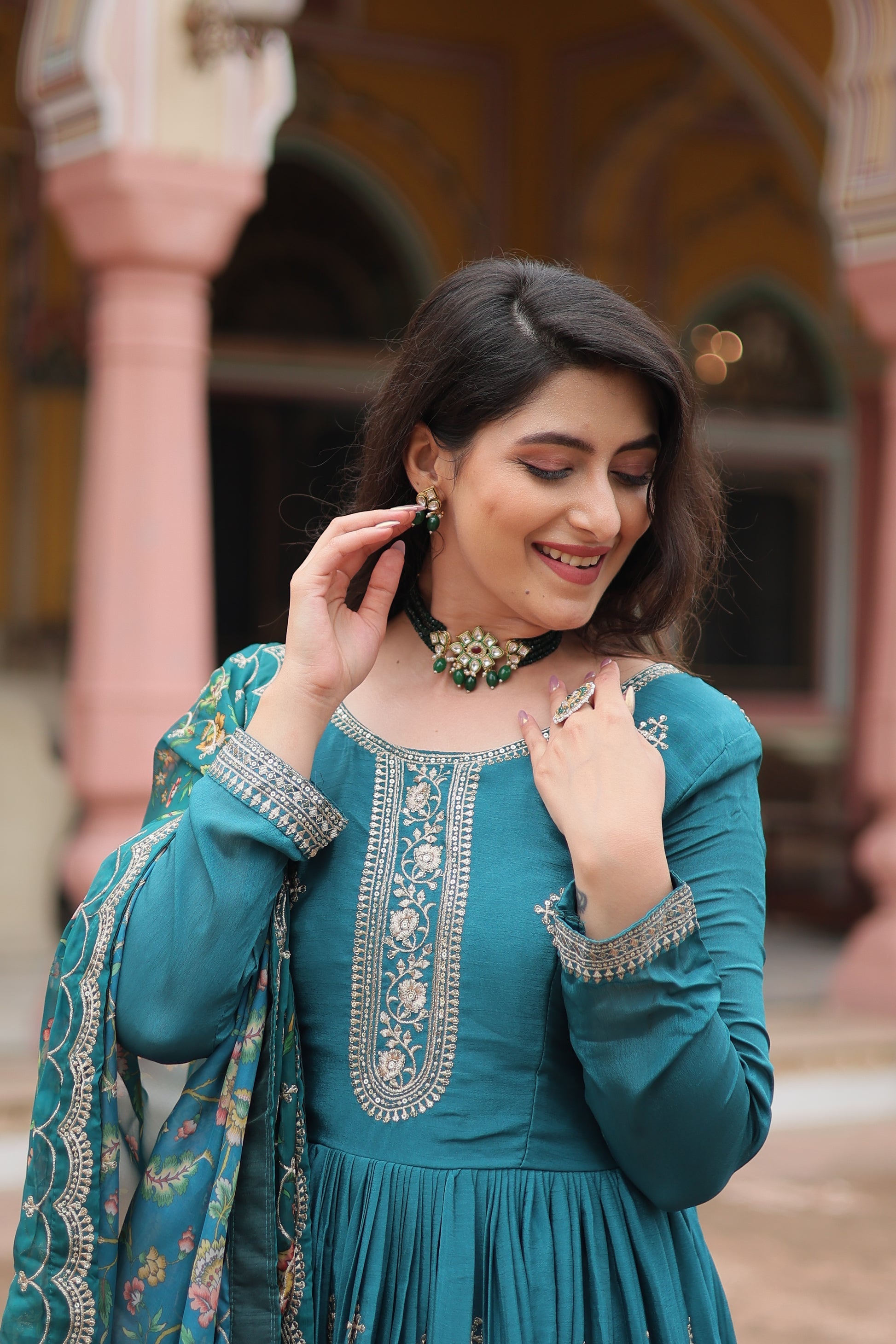 Gaurangi Rama chinon embroidered Anarkali gown set