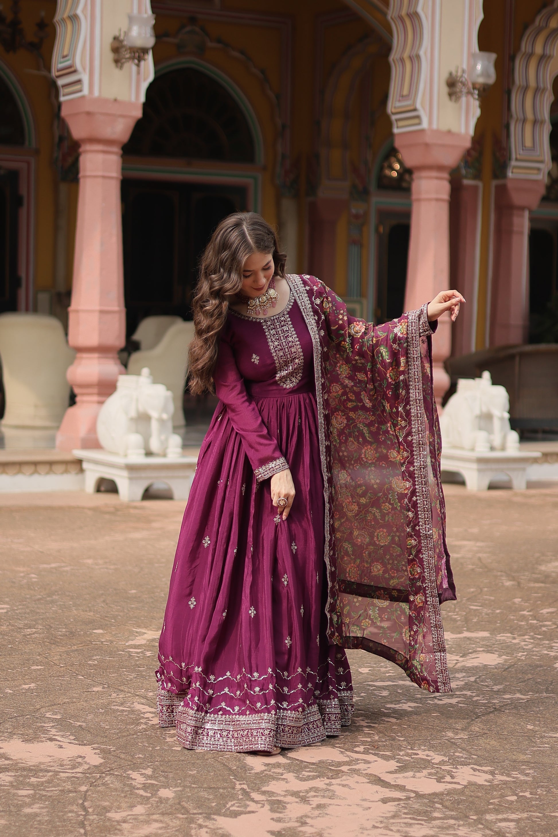 Gaurangi wine chinon embroidered Anarkali gown set