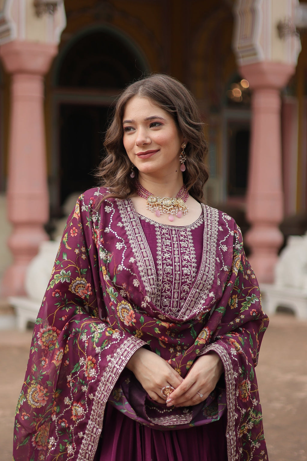 Gaurangi wine chinon embroidered Anarkali gown set