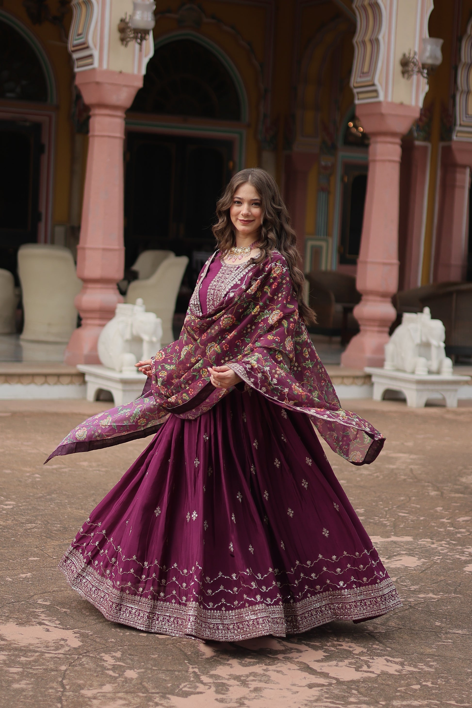 Gaurangi wine chinon embroidered Anarkali gown set