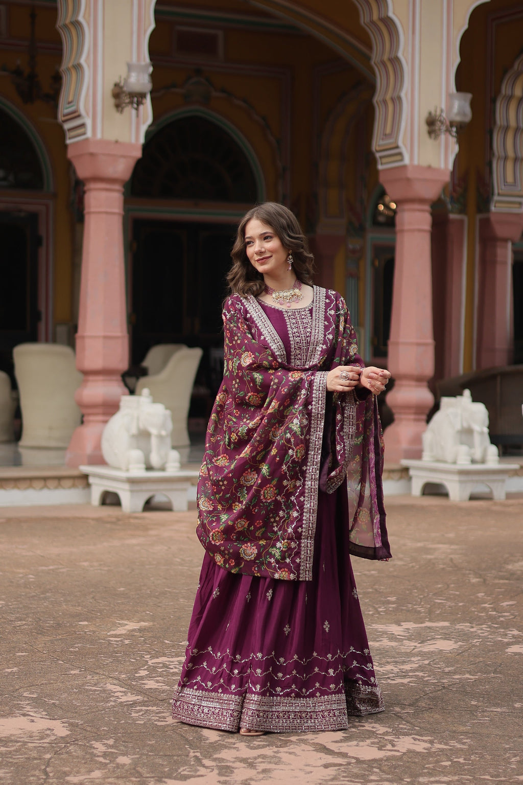 Gaurangi wine chinon embroidered Anarkali gown set