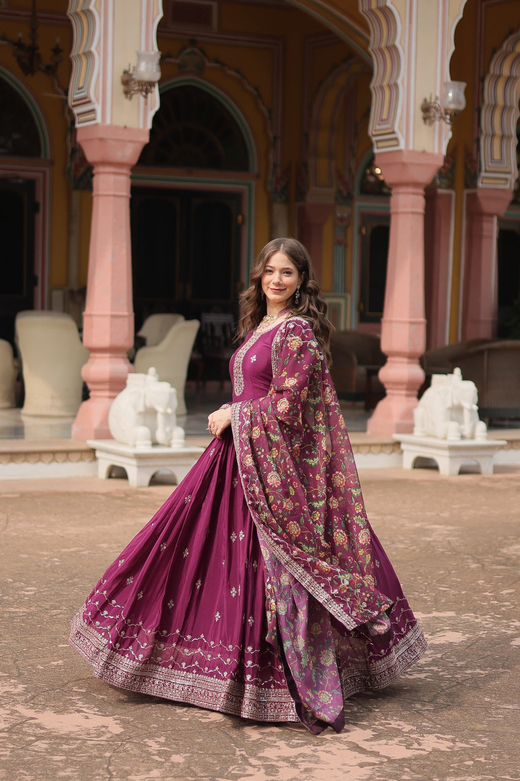Gaurangi wine chinon embroidered Anarkali gown set