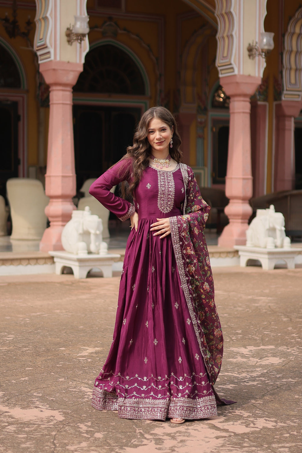 Gaurangi wine chinon embroidered Anarkali gown set