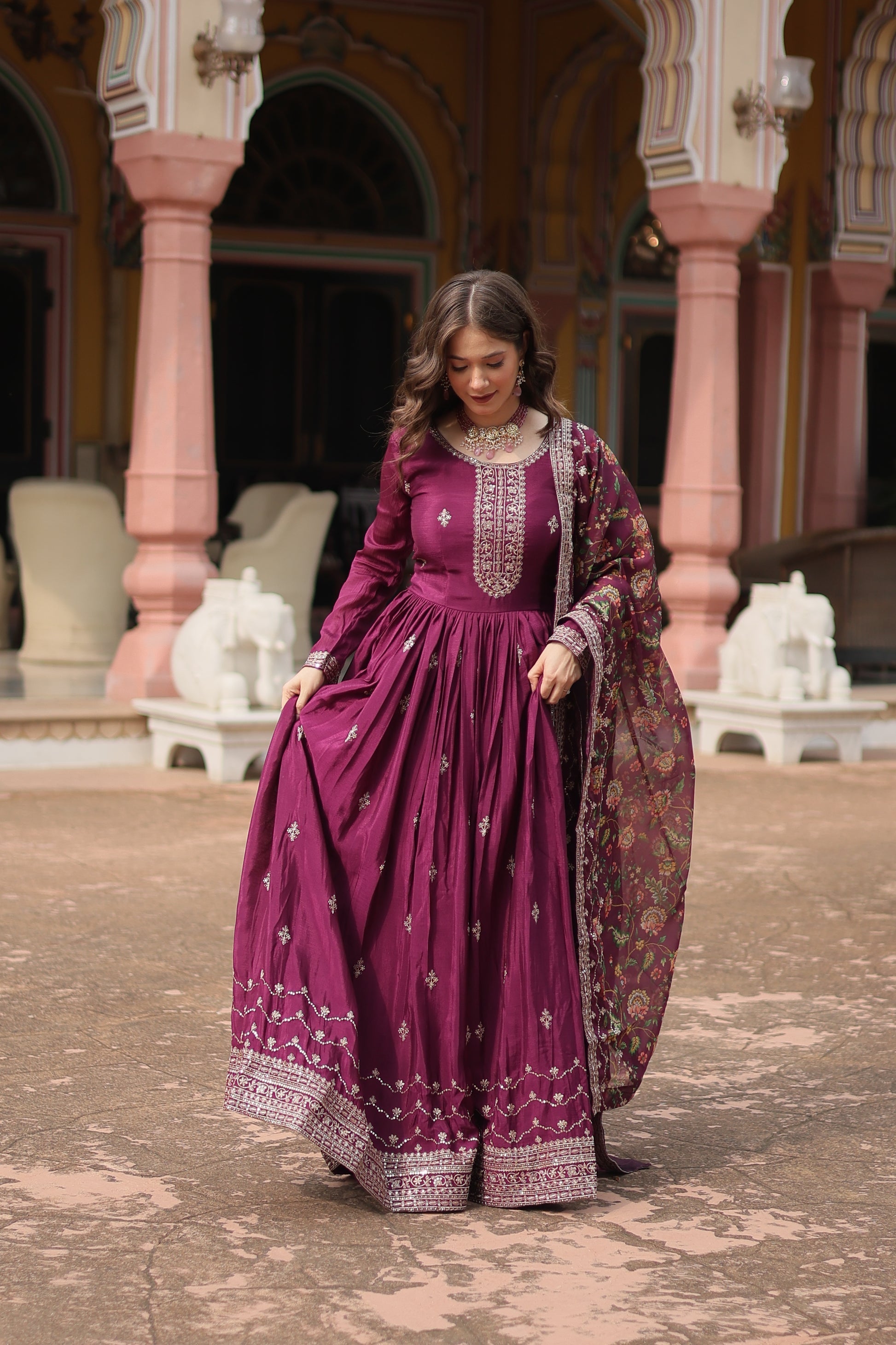 Gaurangi wine chinon embroidered Anarkali gown set