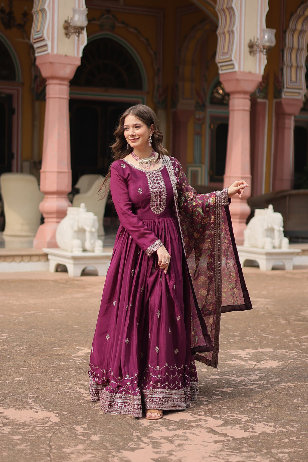 Gaurangi wine chinon embroidered Anarkali gown set