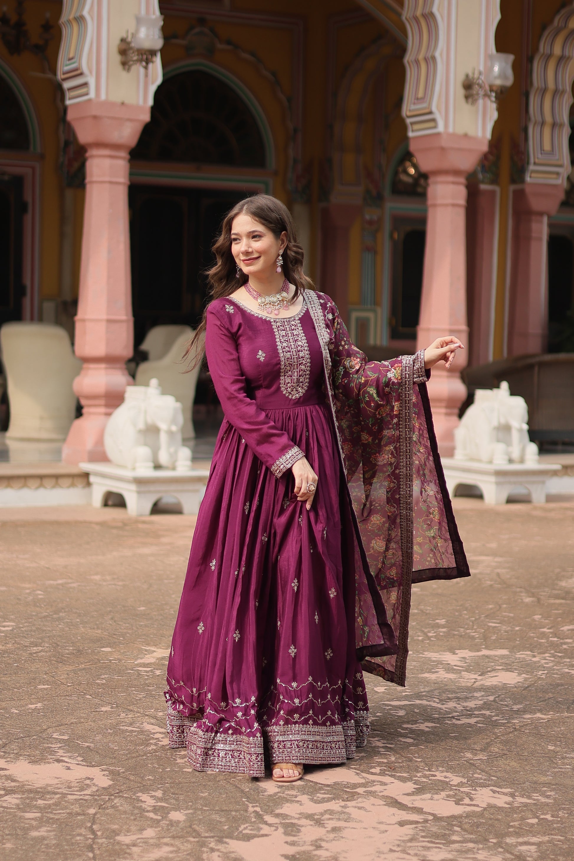 Gaurangi wine chinon embroidered Anarkali gown set