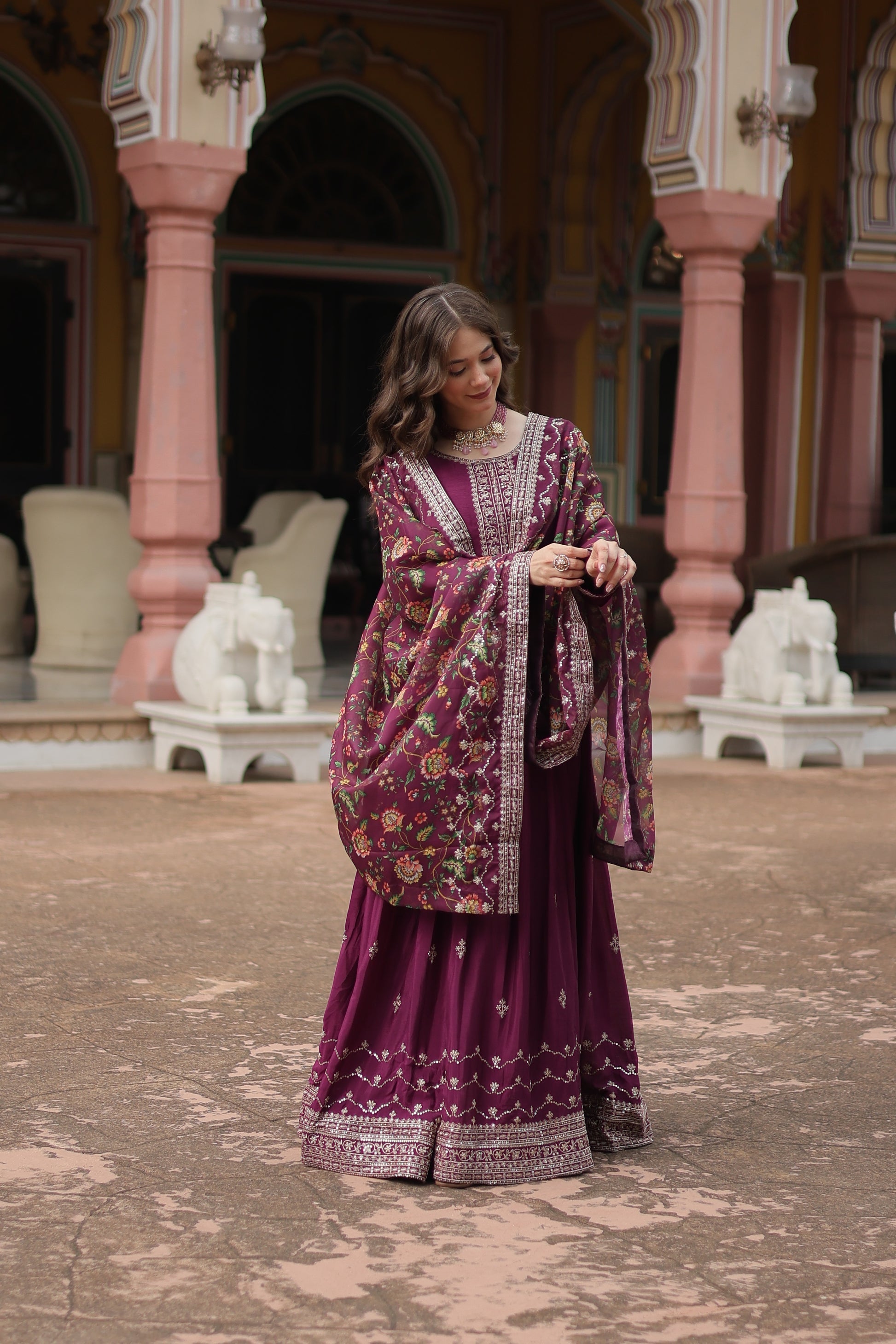 Gaurangi wine chinon embroidered Anarkali gown set