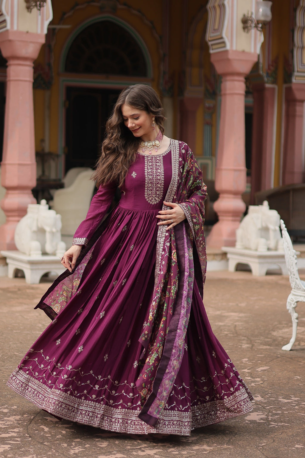Gaurangi wine chinon embroidered Anarkali gown set