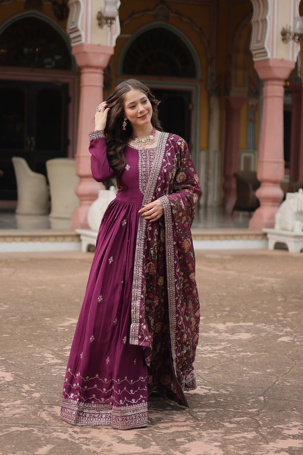 Gaurangi wine chinon embroidered Anarkali gown set