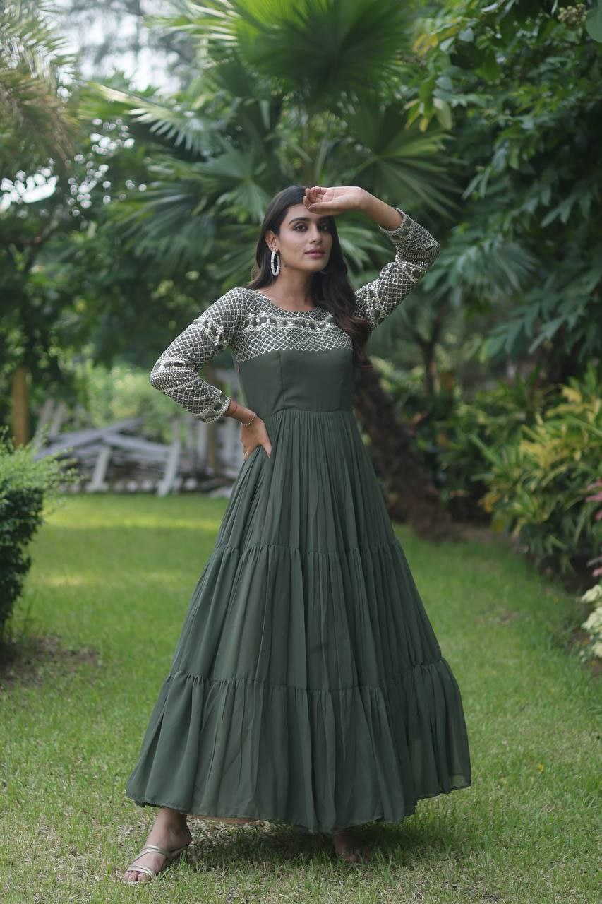 Gilded elegance zari thread sequin mehendi colored designer gown