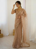 Golden net saree with sequins embroidery and blouse
