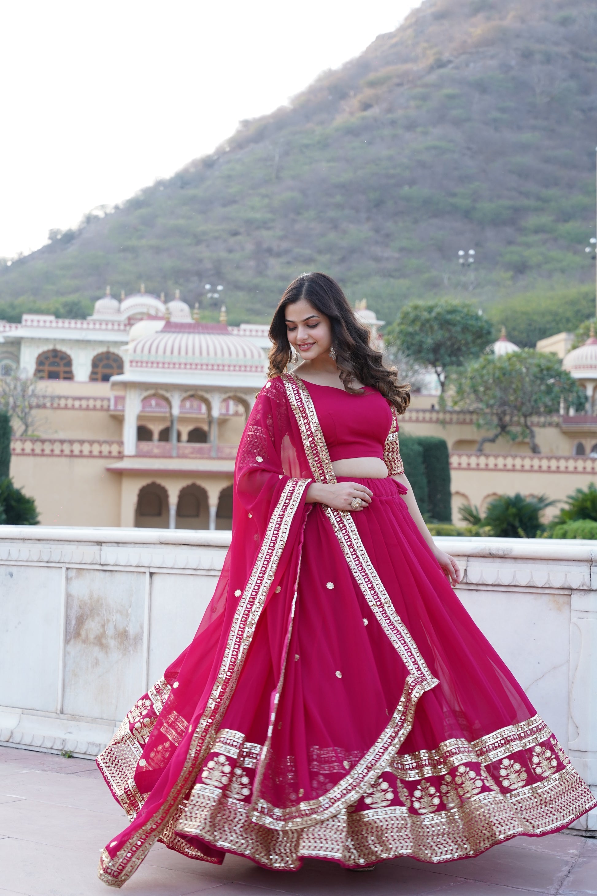 Pink georgette embroidered Gopi designer lehenga