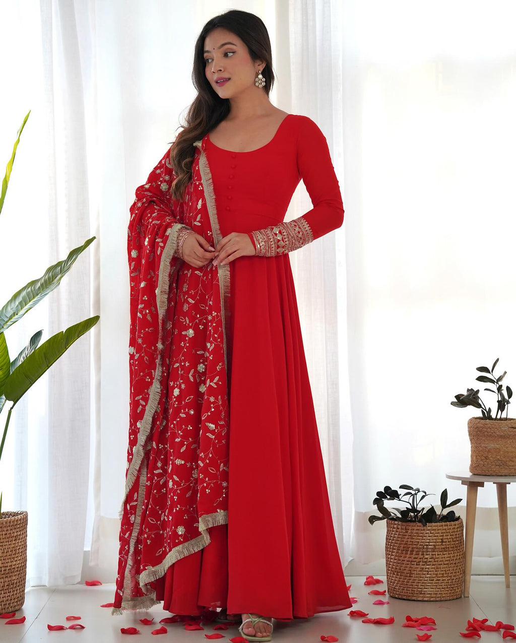 Gorgeous red sequins anarkali flared kurti ensemble